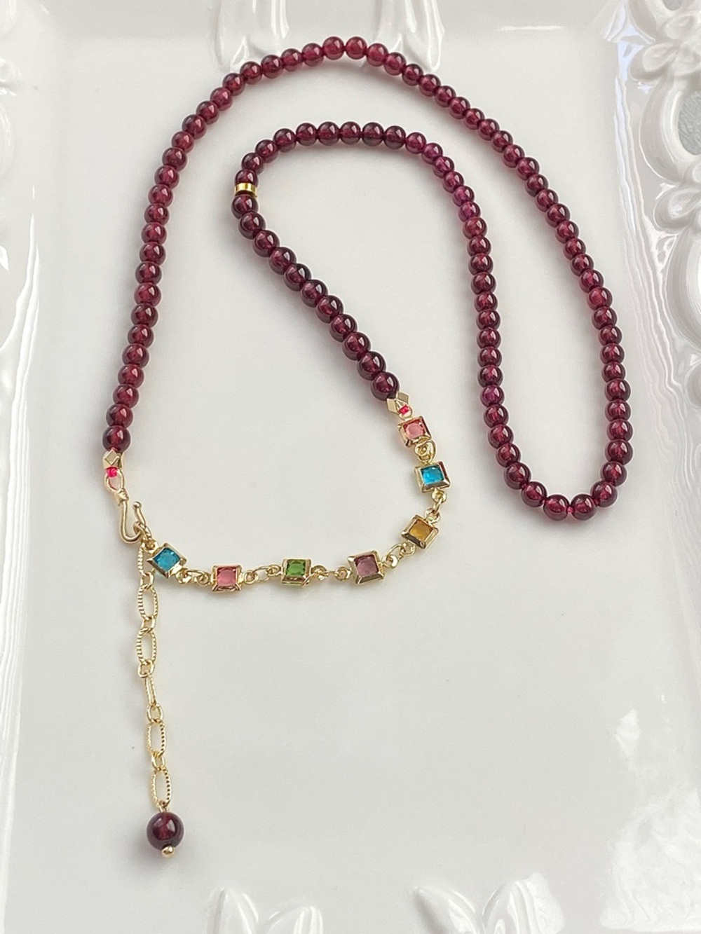 GP66-Handmade High Quality Garnet Beaded Necklace with Multicolor Crystals